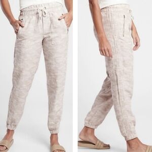 Athleta Cabo Tide Linen Jogger Pant Neutral Camo Cream Tan Tie Waist Size 14